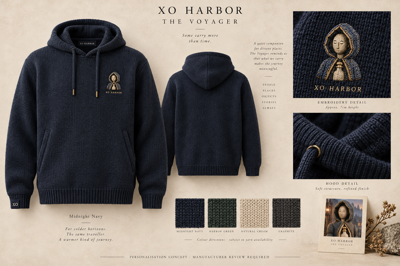 Voyager knitted hoodie concept in Midnight Navy with a small character detail