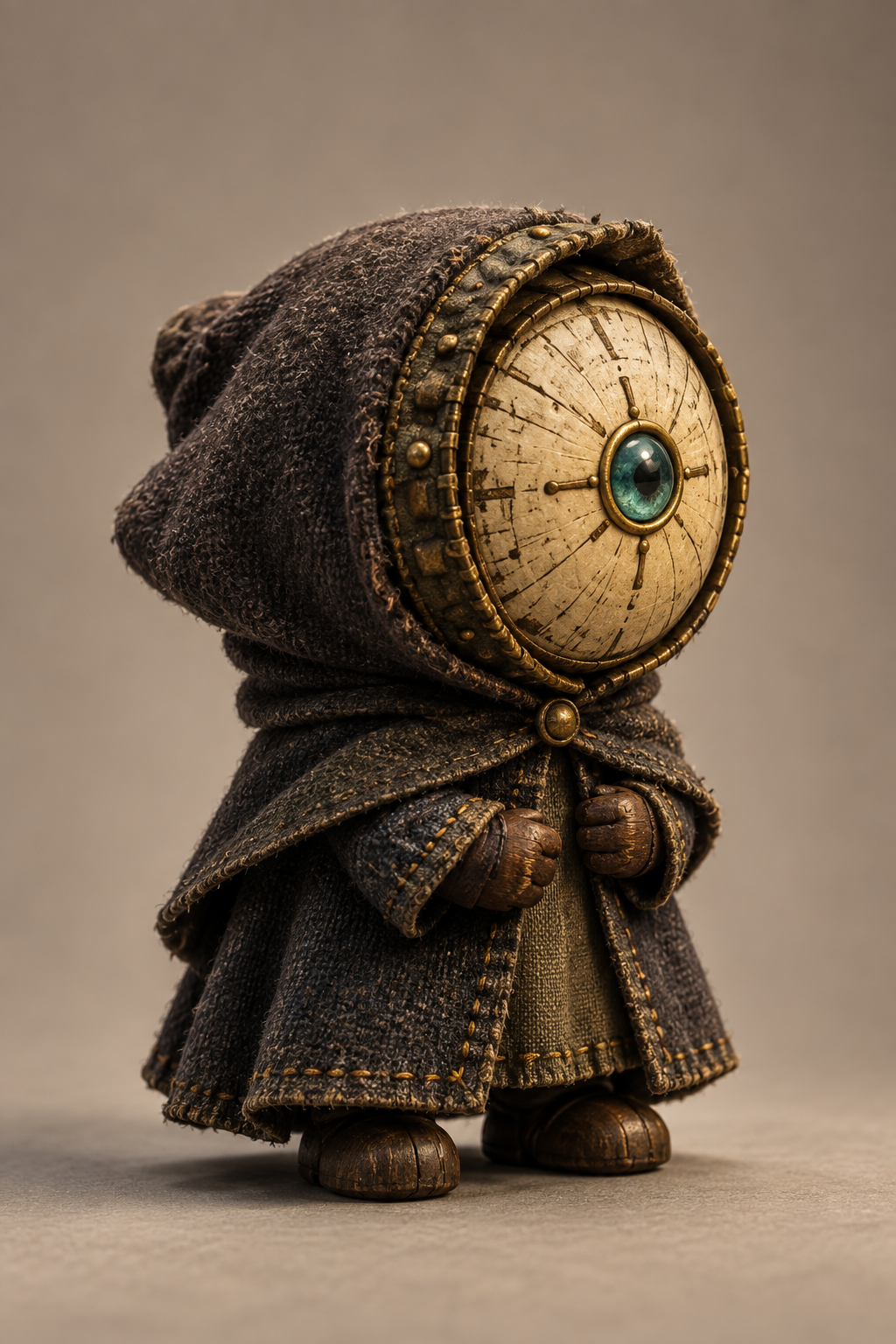 Timekeeper concept artwork with a fixed clock face, sculpted cloak and green eye