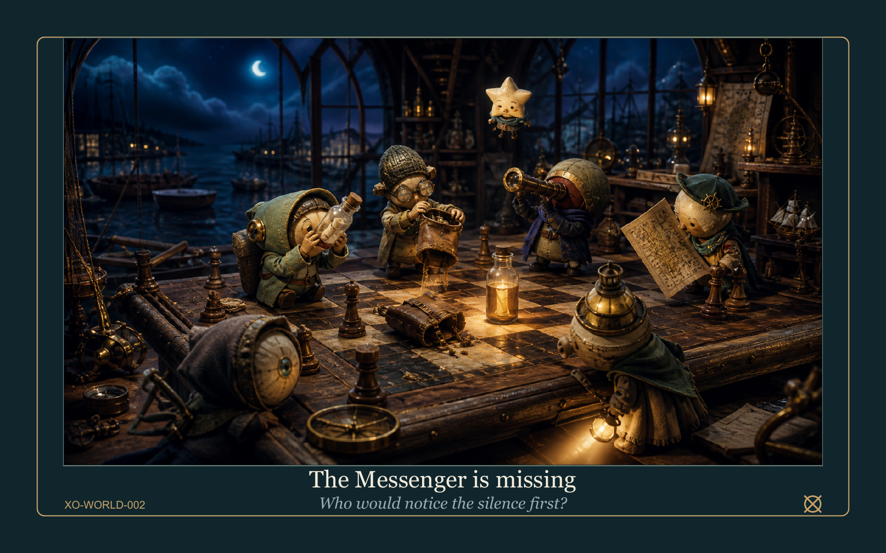 Existing XO World Card artwork showing the Harbor cast around a table